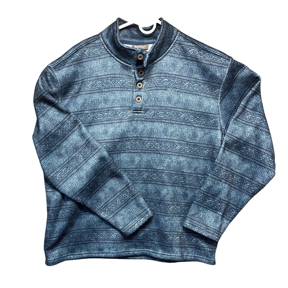 Ariat Mens Wesley Pullover Sweater XL‎ Blue Henley Aztec Warm Western Warm Comfy